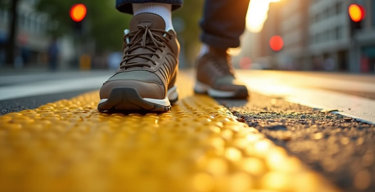Close-up of textured tactile paving at crosswalk with pedestrian feet