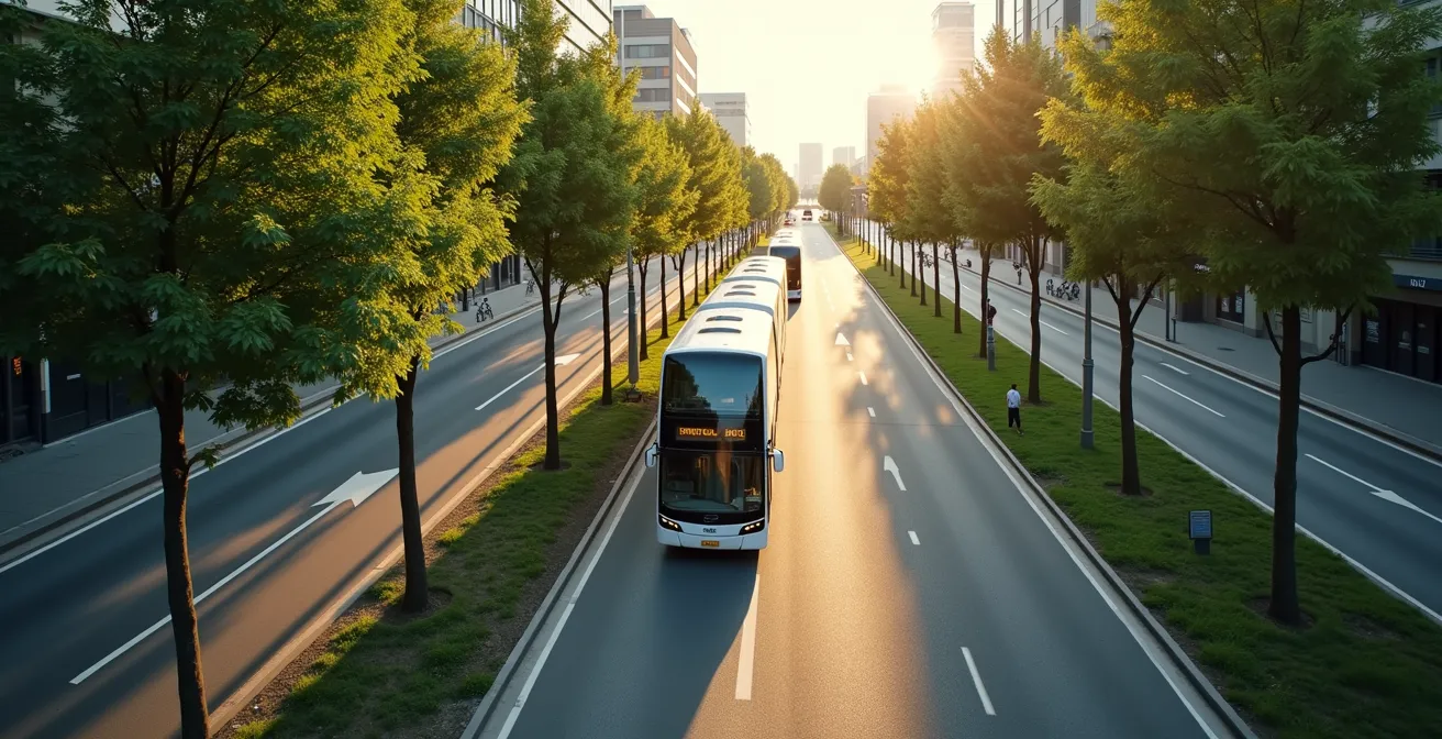 Aerial view of electric tour buses alongside bike lanes in European city