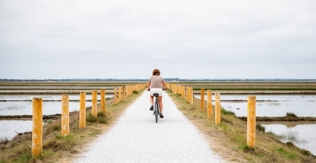 Cyclist exploring Île de Ré cycle paths through salt marsh landscape