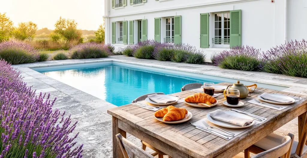 Villa swimming pool and terrace area with outdoor dining setup in Île de Ré