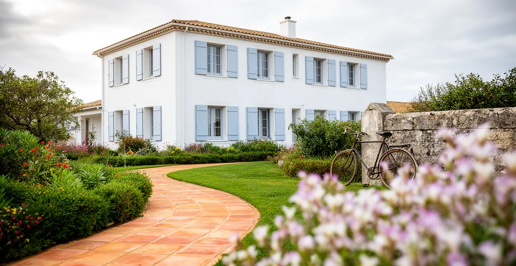 Traditional white-painted villa with blue shutters typical of Île de Ré holiday accommodation
