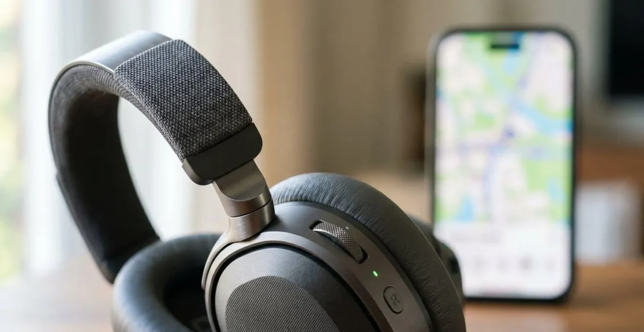 Extreme close-up macro photograph of modern wireless audio guide headphones resting on a tour bus seat, with a smartphone showing a blurred map interface visible in soft bokeh background