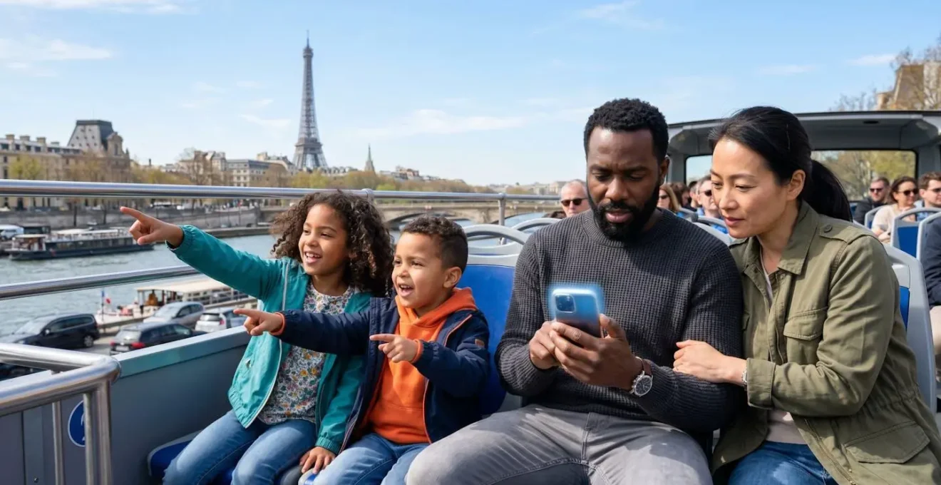 Medium shot of a diverse family with two young children aboard an open-top bus, children pointing excitedly towards Paris landmarks whilst parents check a smartphone with the screen blurred