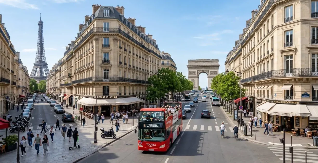 Wide angle view of a red open-top sightseeing bus passing elegant Haussmanian buildings on a Paris boulevard, with the Eiffel Tower visible in the distance under clear blue skies