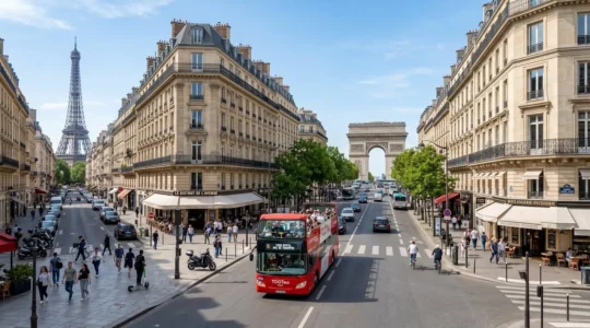 Wide angle view of a red open-top sightseeing bus passing elegant Haussmanian buildings on a Paris boulevard, with the Eiffel Tower visible in the distance under clear blue skies